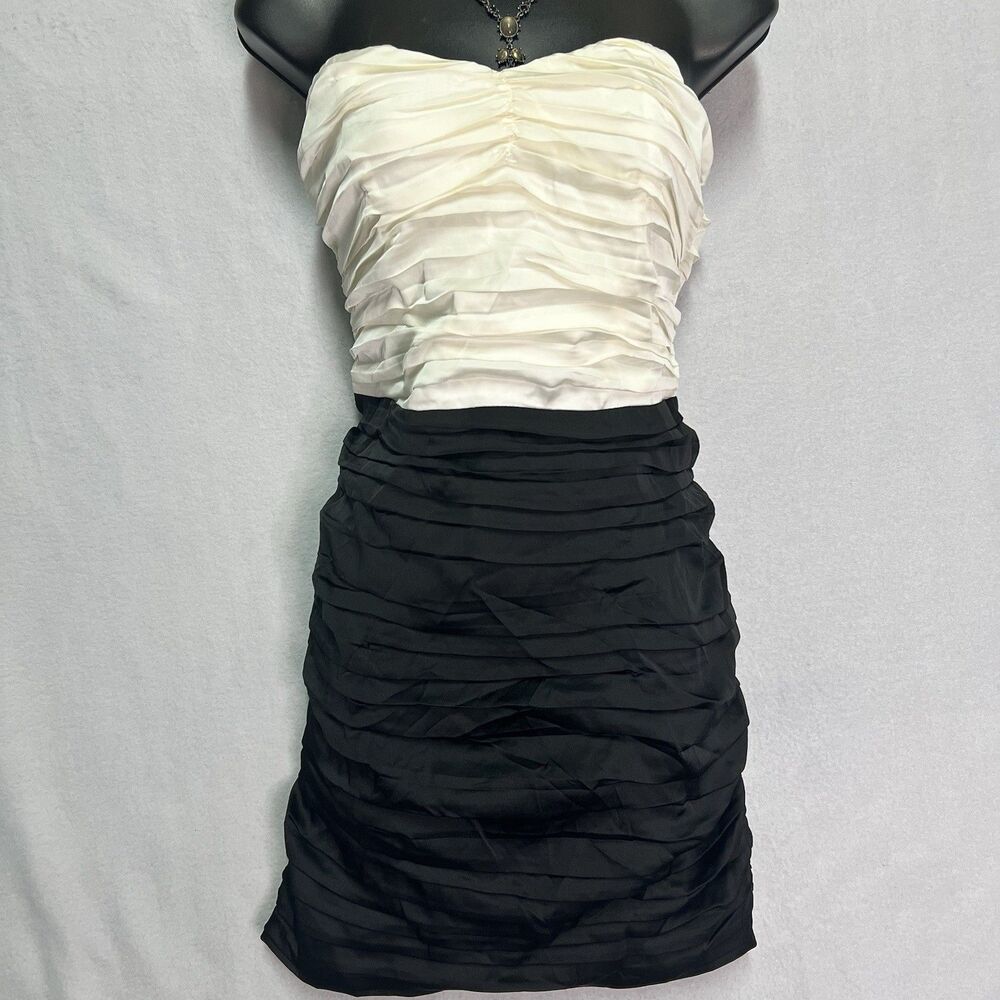 Y2K Express Strapless Pleated Cocktail Dress 8 Black Ivory Colorblock NWT Party
